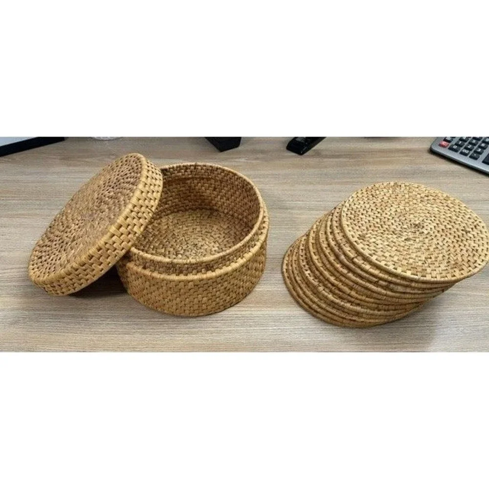 Natural Handwoven Rattan Lidded Storage Basket Trivet/Coaster (12) 7 in Diameter